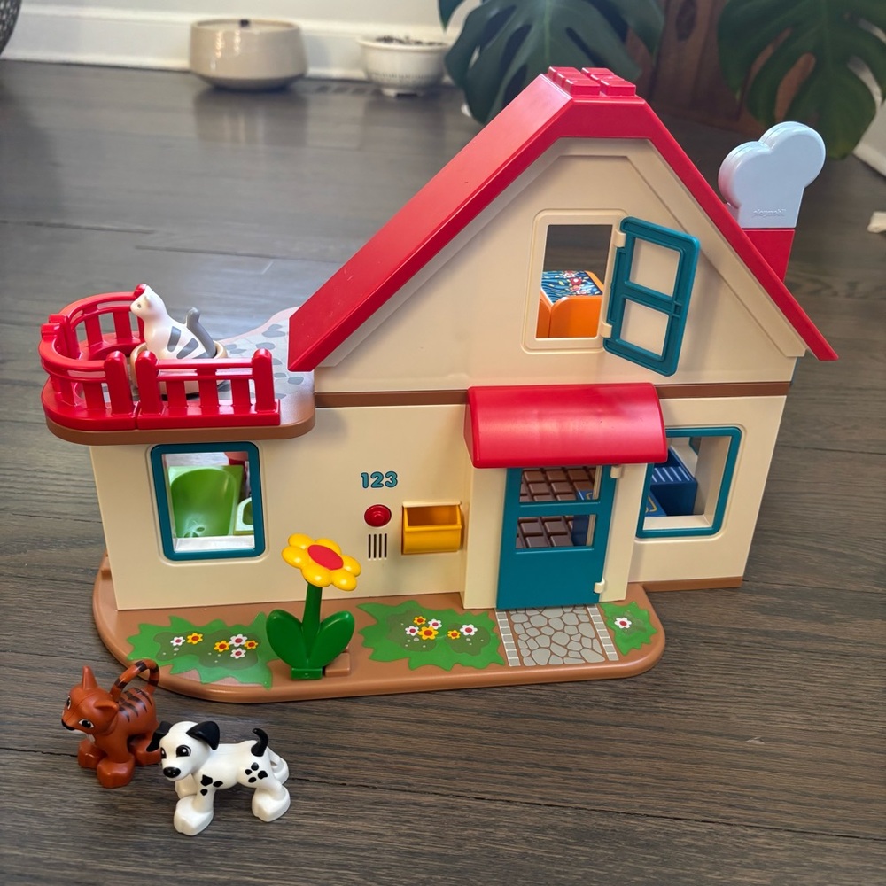 Colorful Kids Dollhouse Playset with Blue Staircase and Red Roof - Picture 4 of 6